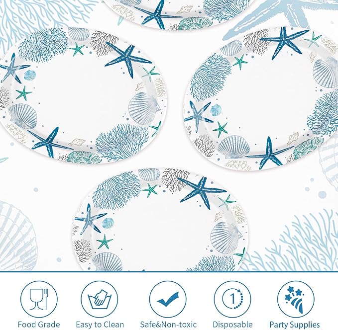 50Pcs Christmas Coastal Oval Paper Plates 10" x 12" Large Disposable Heavy Duty Blue Ocean Coral Starfish Seashell Platters Beach Sea Plate for Merry Xmas Holiday Dinner Birthday Table Party Supplies