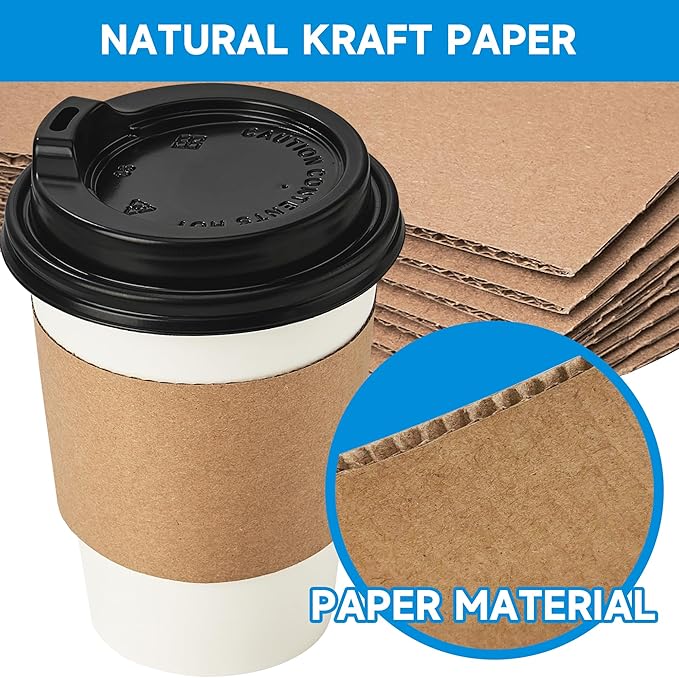 RACETOP 50 Pack 12 oz Disposable Paper Coffee Cups with Lids and Kraft Sleeves, Paper Coffee Cups with Lids and Kraft Sleeves 12 oz, Hot Cups for Home/Office