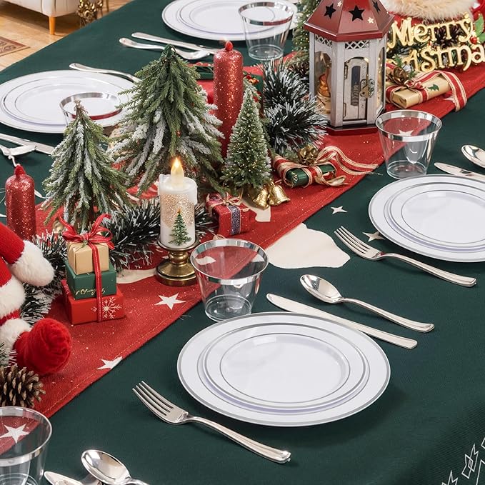 bUCLA 300PCS Silver Disposable Plastic Dinnerware Set - 50 Guests White Silver Disposable Plates Include 50 Dinner Plates,50 Dessert Plates,50 Knives,50 Forks,50 Spoons,50 Cups for Party & Christmas