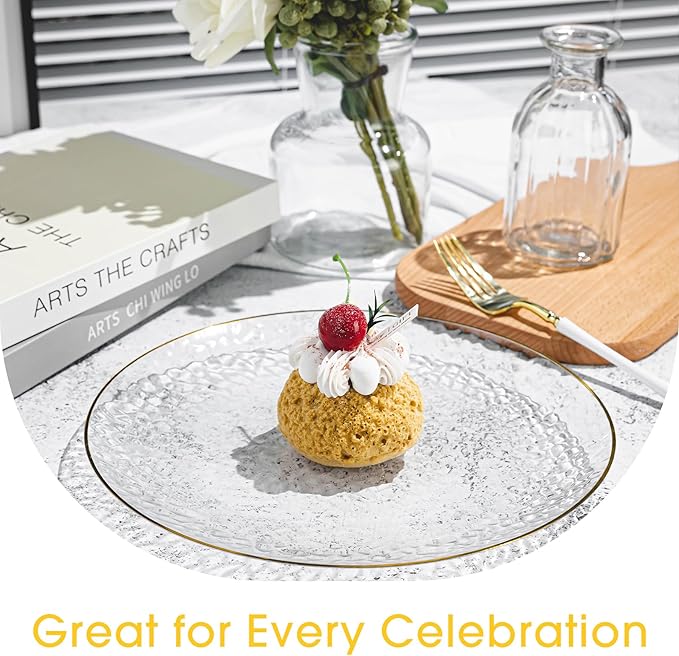 100PCS Clear and Gold Plastic Plates, 10 Inch Disposable Dinner Plates with Gold Rim, Heavy Duty Stone Texture Plastic Plates for Party and Weddings