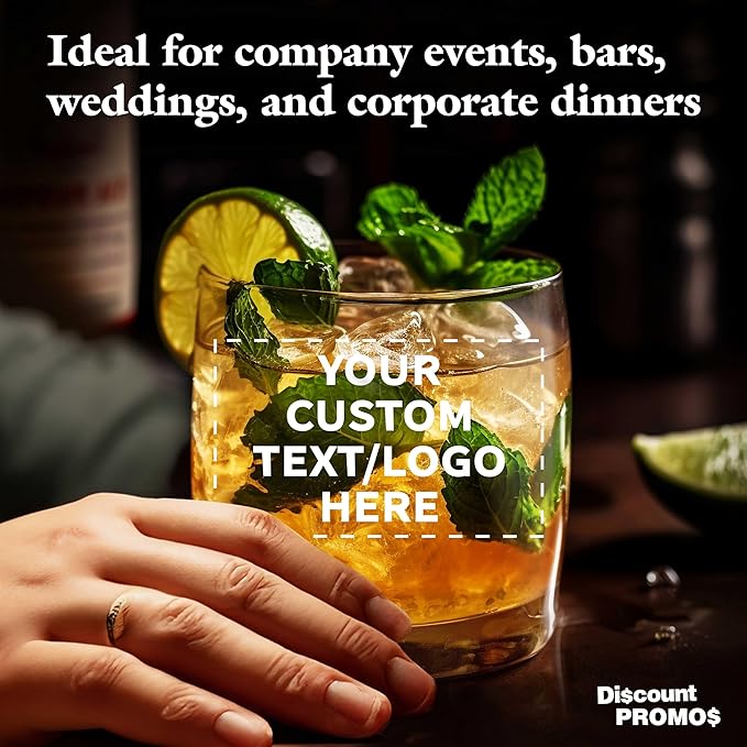 DISCOUNT PROMOS Custom Whiskey Glasses 10 oz Set of 10/50/100, Personalized Bulk Pack - Heavy Base Old Fashioned Glass, Perfect for Scotch, Bourbon, Whiskey, Cocktail - Clear Bottom Color