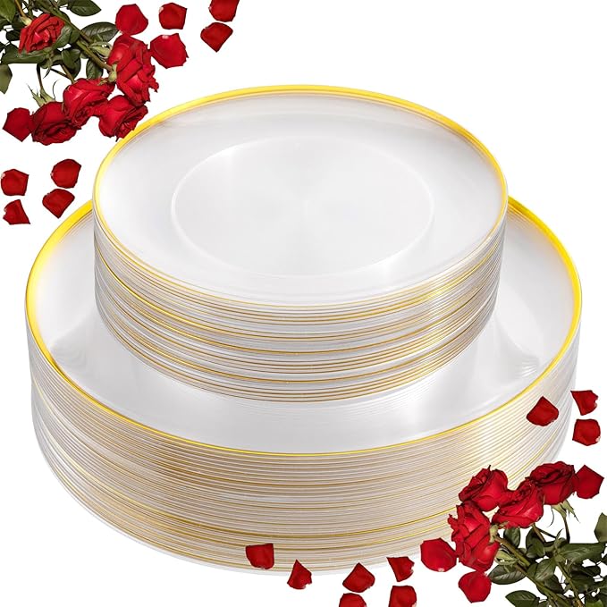 LIYH 60 Pcs Clear and Gold Plastic Plates Heavy Duty Clear Disposable Plates for Party Gold Plastic Plate for Wedding Birthday Include 30 Dinner 30 Dessert Plate