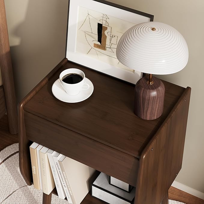 ZIYOO Nightstand with Drawer Open Shelf, Mid Century Modern Bedside Table, Small End Table for Living Room&Small Spaces, Bedroom, Walnut