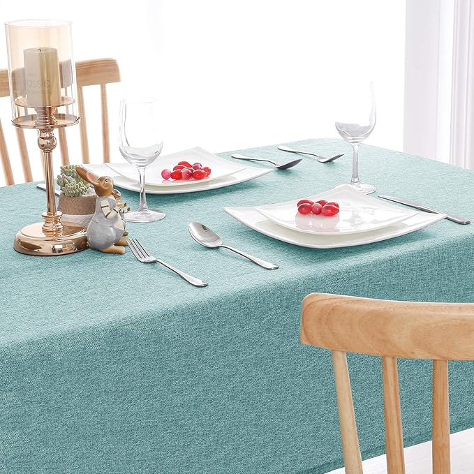 Hiasan Faux Linen Rectangle Tablecloth - Wrinkle and Stain Resistant Washable Table Cloth for Kitchen Dining Room Holiday Table Cover for Dinner, Aqua, 60 x 140 Inch