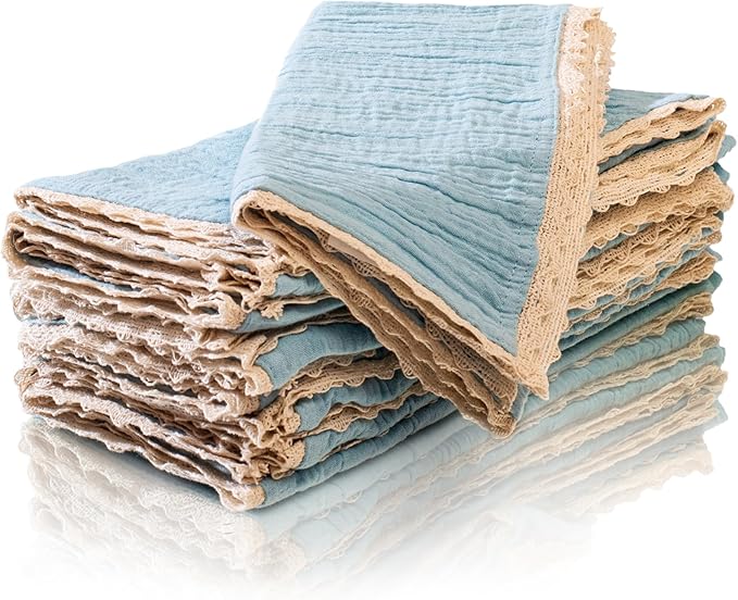 FINGERCRAFT Dinner Cloth Napkin Cotton Muslin Double Gauze 12 Pack with Classic Lace for Everyday Use, Wedding, Party, Christmas, Easter Napkins Cloth are Pre Shrunk and Good Absorbency Aqua Marine