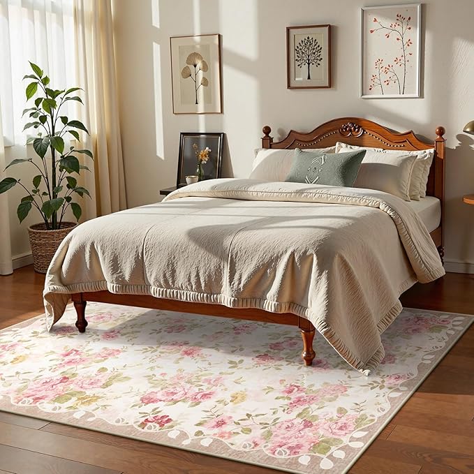 Lahome Floral Washable Rugs 5x7,Rugs for Living Room Boho Area Rug,Vintage Rugs for Bedroom Girls Non Slip Low Pile Ultra-Thin Large Carpet for Farmhouse,Dining Room,Kids Playroom Dorm (5'X7',Beige)