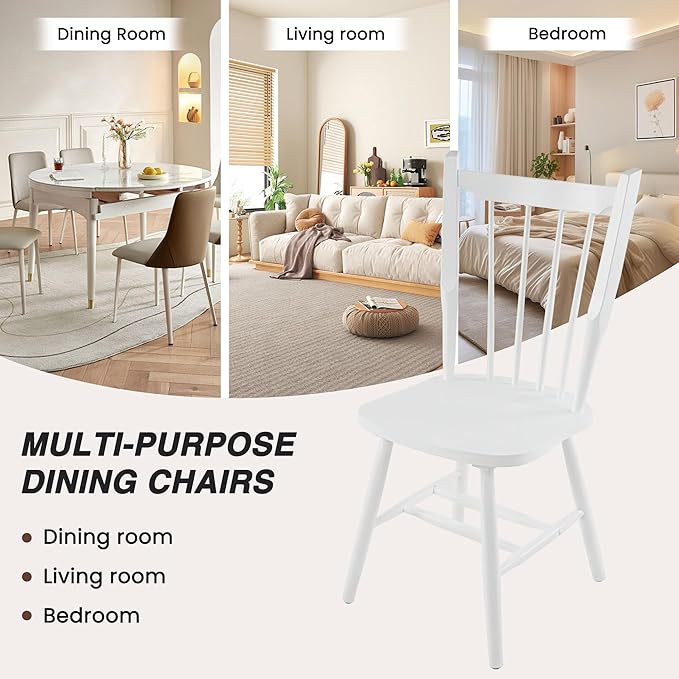 HNY White Windsor Dining Chairs Set of 4, Farmhouse Wooden Kitchen Chairs with Spindle Back, Mid Century Modern Armless Kitchen Side Chair for Dining Living Room Restaurant