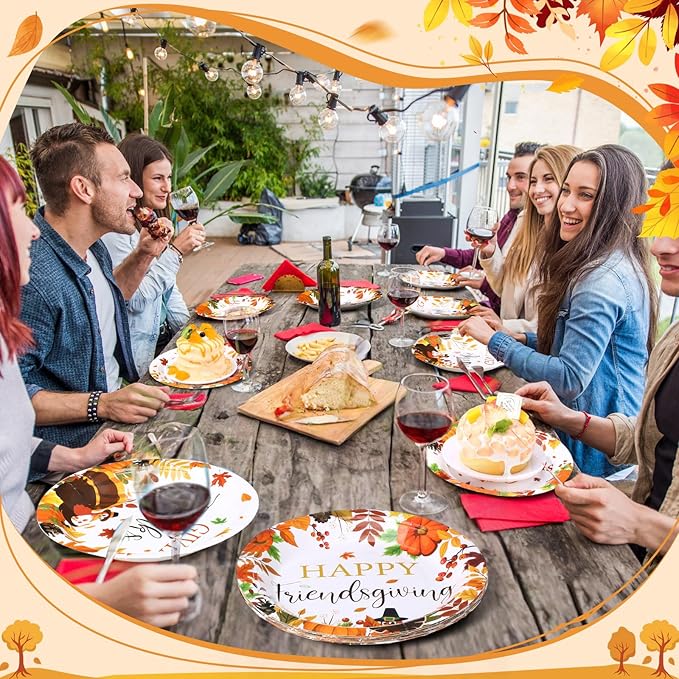 60 Pcs 7 Inch Happy Friendsgiving Paper Plates Give Thanks Plates Decorations Fall Pumpkin Turkey Tableware for Autumn Harvest Thanksgiving Dinner BBQ Picnic Farmhouse Party Supplies