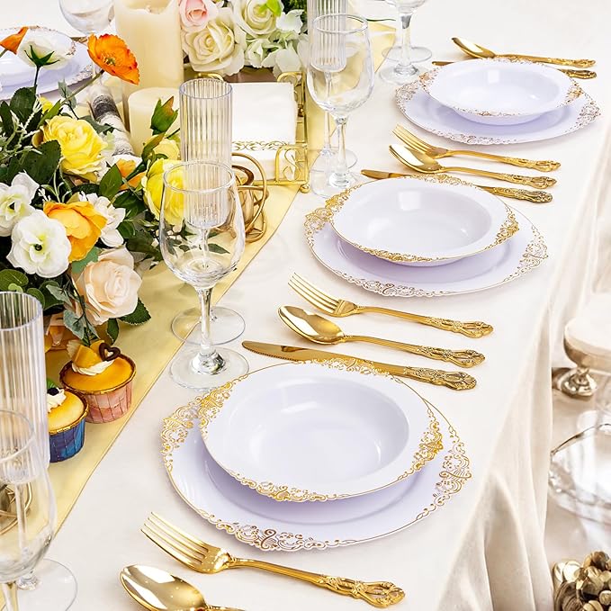 100PCS Gold Plastic Bowls - 12 oz White Disposable Salad Bowls - Heavy Duty Soup Serving Bowl - Fancy Plastic Ice Cream Bowl for Parties, Dinners, Catering, Picnics