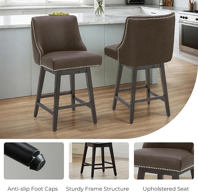 CHITA Counter Height Swivel Bar Stools, FSC Certified Upholstered Counter Stools, Modern Swivel Barstools with Wood Legs for Kitchen Island, 26" Seat Height, Faux Leather in Chocolate