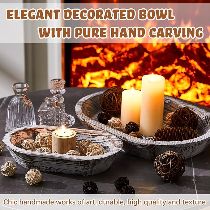 Tessco 2 Pcs Wooden Dough Bowl for Home Rustic Bread Long Wooden Bowl for Kitchen Dining Table Home Decoration(10 x 6 x 2 Inch, 14 x 10 x 2 Inch,White)