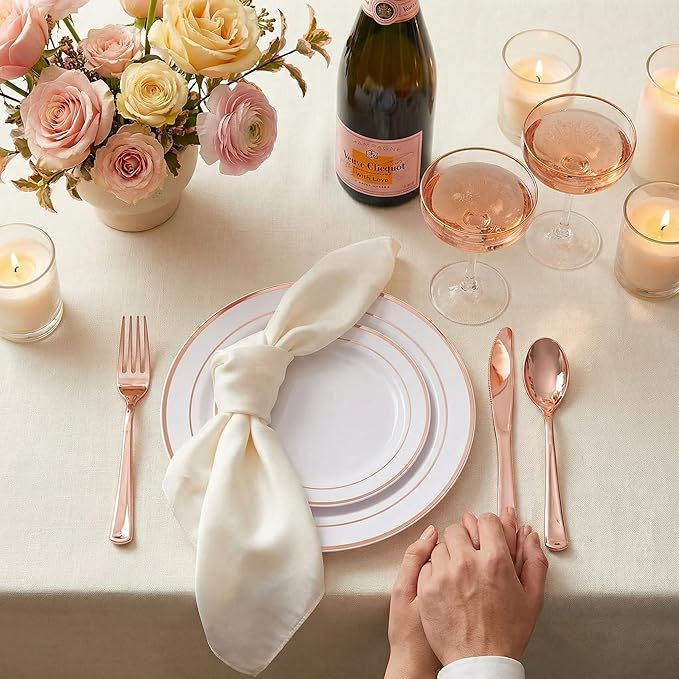 GATHER 350PCS Rose Gold Plastic Plates - Disposable Rose Gold Dinnerware Sets Includes 100 Gold Rimmed Plastic Plates, 150 Silverware, 50 Napkins, 50 Cups for Party, Wedding, Valentine's Day