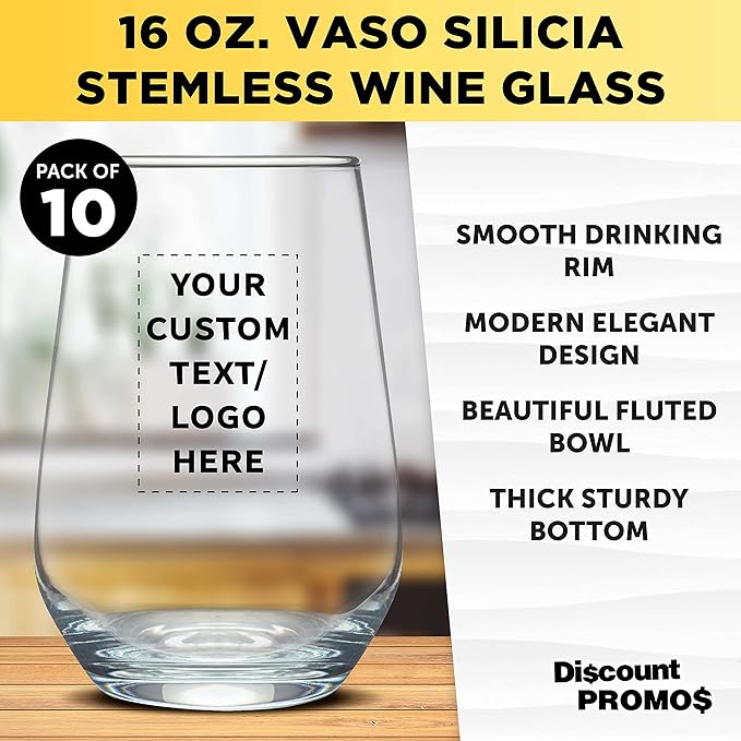 DISCOUNT PROMOS 10 Vaso Silicia Stemless Wine Glasses Set, 16 oz. - Personalized Text, Logo - Clear, Orb-Like, Thick base - Clear