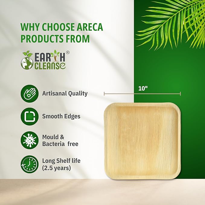 Compostable Palm Leaf Plates 10 Inch Square (75 Pack) | Disposable Biodegradable Plates Like Bamboo & Wooden | Microwave & Oven Safe | Eco-Friendly
