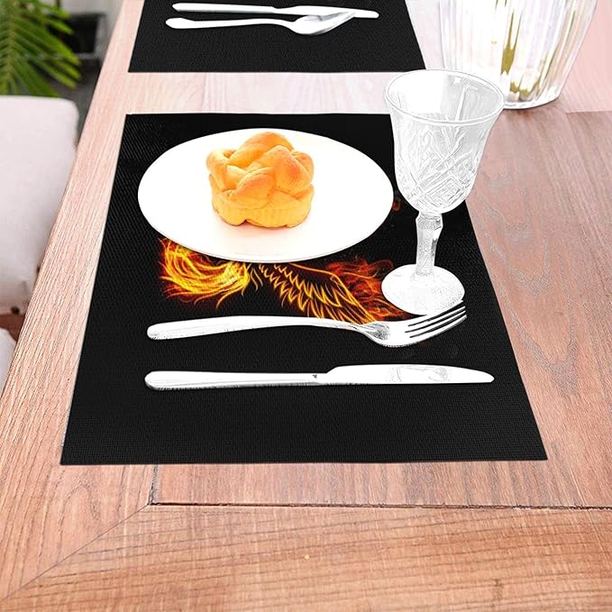 Fire Phoenix Placemats Set of 4, Black Gold Table Mats Heat Resistant Washable Placemat for Kitchen Dining Table Black Linen Placemats 12x18 Inch