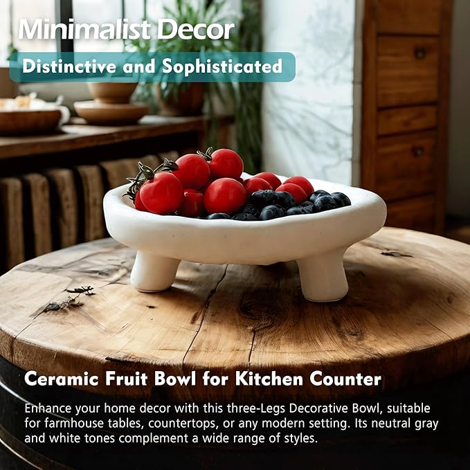 Three-Legs Ceramic Decorative Bowl- 8" Small White Footed Fruit Bowl for Kitchen Counter, Entryway &Table Home Décor,Multi-Purpose Footed Centerpiece Bowl for Candy,Breads,candles, trinkets or key