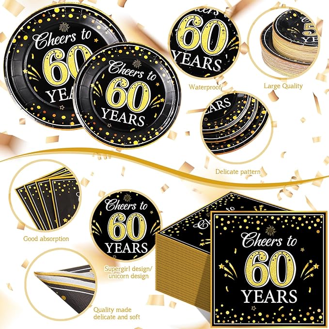 Pickmesh 250 Pcs 60th Birthday Disposable Tableware Set Black and Gold Cheers to 60 Years Disposable Paper Plates Napkins and Cups for 60th Birthday Wedding Anniversary Party Supplies Decorations
