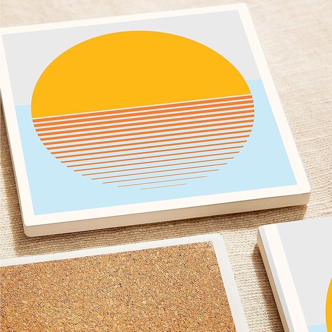 MAYCARI Abstract Sun Coasters Set of 6 Cork Backed Artistic Coasters with Metal Holder Minimalist Aesthetic Ceramic Surface Drink Cup Mats for Tabletop Protection Modern Desk Decoration Birthday Gifts