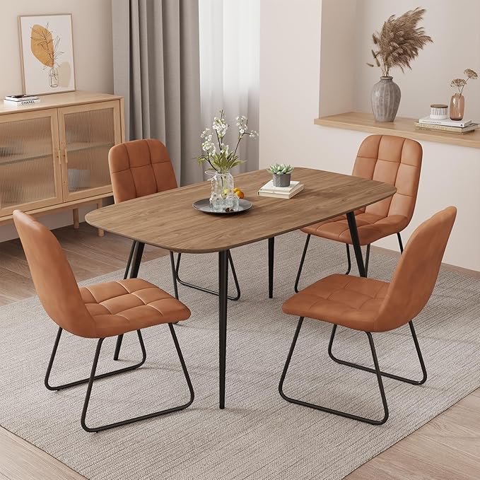 47.2'' Modern Farmhouse Dining Table, Wooden Rectangular Dining Table with Metal Legs for 4-6 People for Dining Room, Kitchen, Living Room (Walnut Color Table, 47.2")