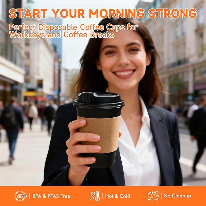 100 Pack 16 oz Disposable Coffee Cups with Lids and Sleeves, Sturdy Paper Cups for Hot/Cold Drinks, Leak-Proof To Go Coffee Cups with Lids for Home, Café, Events, Office, Black
