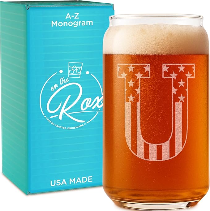 Monogram Beer Glasses for Men (A-Z) 16 oz - Beer Gifts for Men Brother Son Dad Neighbor - Unique Gifts for Him - Personalized Drinking Gift Beer Glass Mugs - Engraved Beer Can Glass (U)