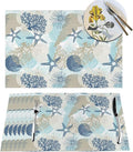 Placemats Set of 6 Aqua Blue Nautical Place Mats Coastal Beach Theme Coral Starfish Woven Table Mats Washable Blue Coral PVC Placemat for Dining Kitchen Decor Indoor Outdoor, 12 x 18 Inch