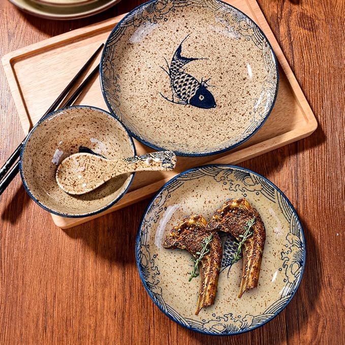 4-Piece Ceramic Dinnerware Set, Plate, Dish, Bowl, Spoon, Japanese Hand-painted Tableware set, A Good Tableware (Yule)