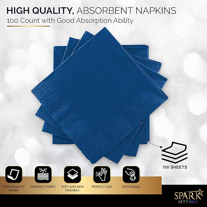 100 Pack Royal Blue Beverage Napkins, Big Party Pack, 2 Ply, Ideal for Wedding, Party, Birthday, Dinner, Lunch, Cocktails. (5” x 5”) by Amcrate