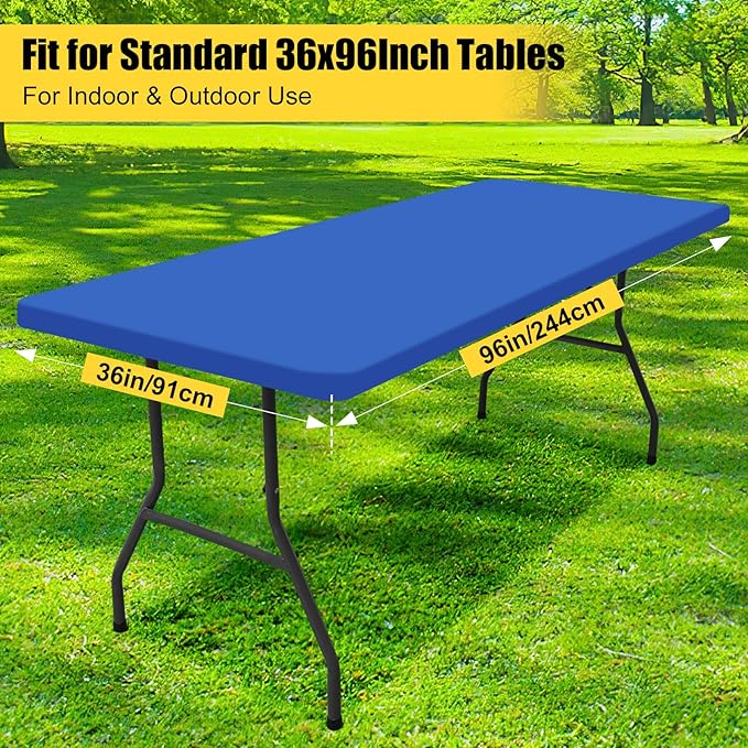 Smiry Rectangle Picnic Table Cloth, Waterproof Elastic Fitted Tablecloths for 8 Foot Tables, Washable Polyester Table Cover for Camping, Indoor and Outdoor (Blue, 36"x96")