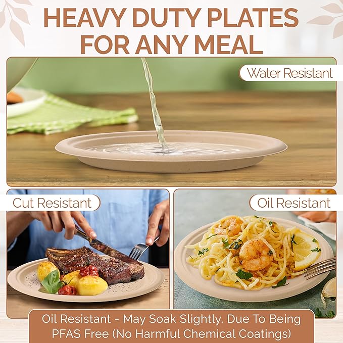 Heavy Duty Eco-Friendly PFAS-free Compostable Plates, Disposable Plates - Sugarcane Party Plates | 100% Bagasse Biodegradable (75, Natural, 10")