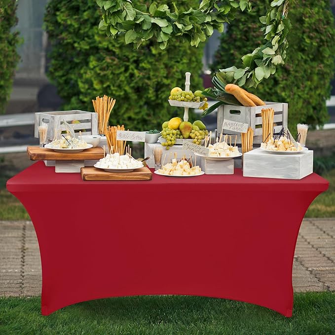 Nasitos 2 Pack Fitted Red Tablecloth-Spandex Table Covers for 8 Foot Table, Open Back Folding Table Cover Washable and Wrinkle Resistant for Parties, Buffet, Wedding, Banquet, Festival