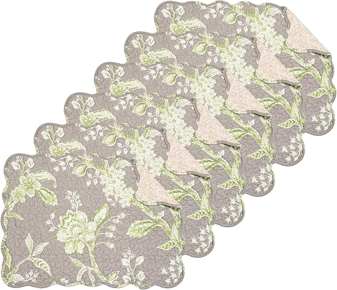 C&F Home Julia Reversible Scalloped Quilted Vintage Floral Flower Themed Jacobean Dining Tabletop Placemats Set of 6 All Seasons Spring Summer Home Kitchen Dinner Table Décor Decoration S/6 Grey &