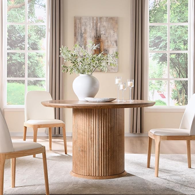 T4TREAM 47" Fluted Round Dining Table for 4-6, Mid-Century Modern Kitchen Table with Thickened Edge & Cylindrical Base for Dining Room, Kitchen, Living Room,Light Knotty Oak(Table Only)