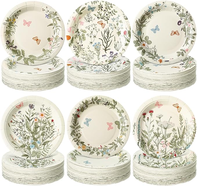 Umigy 120 Pcs Summer Wild Floral Paper Plates 7 Inch Party Plates, Flower and Butterfly Dinner Tableware Watercolor Flower Tea Party Dessert Tableware for Birthday Wedding Baby Shower Bridal Shower