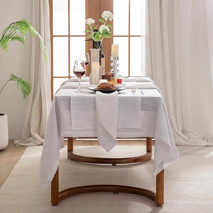 EVERLY Pure Linen Hemstitch Tablecloth,100% Stonewashed French Linen tablecloths for Kitchen Dining Rectangle Tables,60x132Inch Machine Washable Christmas Thanksgiving Organic Tablecloth-White