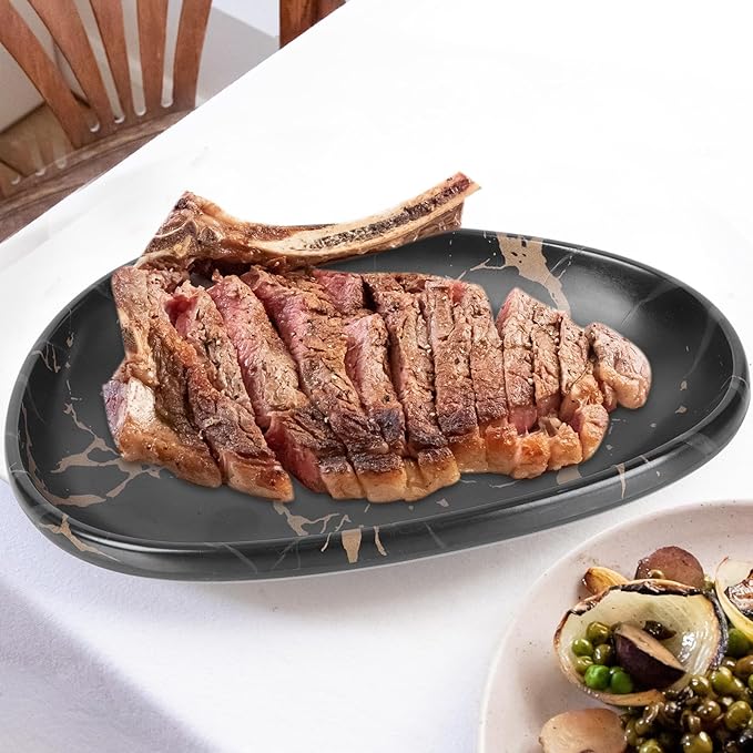 Marble Pattern Oval Dinner Plate 10.2 Inch Imitation Porcelain Steak Plate Western Tableware Fruit Storage Tray for Home Dining