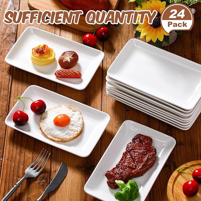 Irenare 24 Pcs 8 Inch Rectangular Salad Plates White Rectangular Porcelain Dessert Plates Appetizer Serving Tray Rectangular Porcelain Platters for Fruit Sushi Dinner Parties, Microwave, Oven Safe
