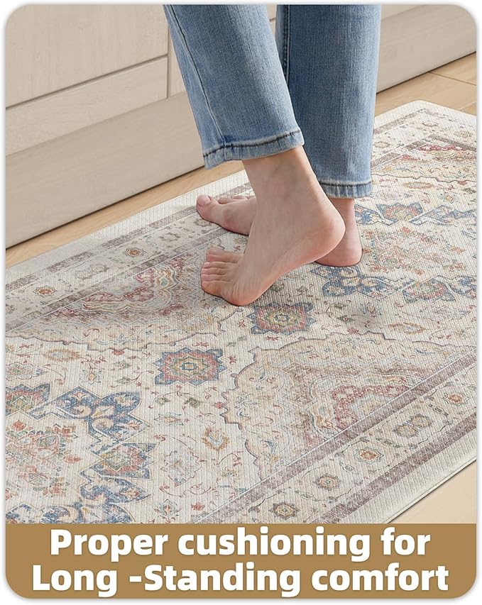 Color&Geometry Kitchen Floor Mats Anti Fatigue, Cushioned Boho Rugs,Waterproof Non Slip Kitchen Runner for Sink, Standing Mats for Office,24"x87",Oatmeal