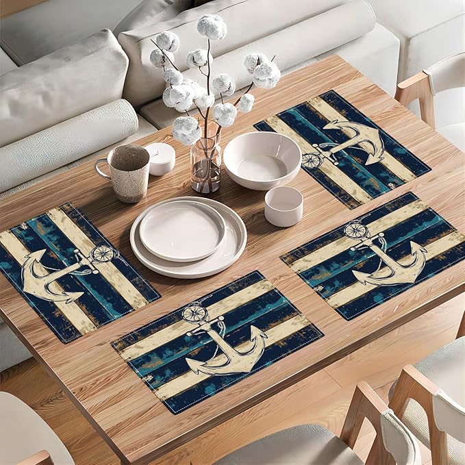 Nautical Placemats Set of 6, Coastal Anchor Place Mats, Rustic Beach Navy Blue Waterproof Washable Table Mats for Home Party Indoor Kitchen Dining Table Decoration 12x18 Inch