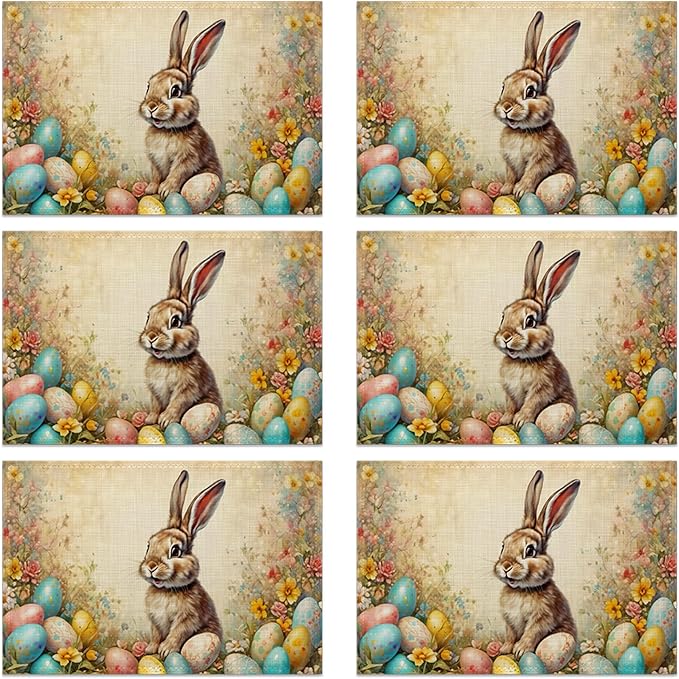 Table Placemats Set of 6, Waterproof Linen Fabric, Non-Slip Backing & Easy Clean, Elegant Dining Table Protectors for Family and Guests(Easter Bunny Spring)