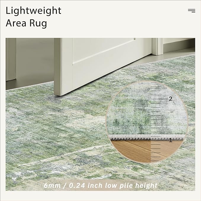 Area Rugs 4x6 for Living Room, Vintage Washable Rugs for Dining Room, Kitchen, Non-Slip Area Rug Green Ivory