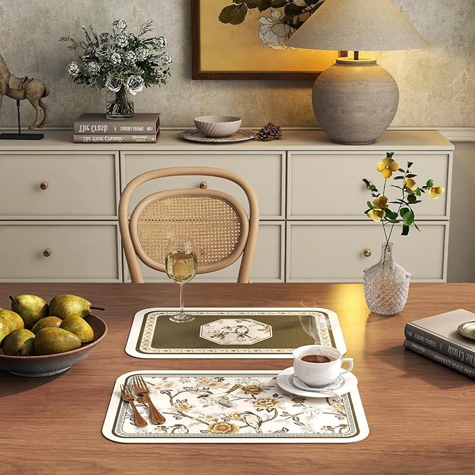 ISAENNE PVC Placemats Set of 6,Rectangular Flower and Bird Print Placemats, Waterproof and Heat-Resistant Place Mats,Decoration for Kitchen, Dining, Parties, Holiday,12"*17"