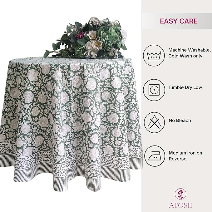 ATOSII Shalimar Green 100% Cotton Round Boho Fall Tablecloth, Handblock Floral Table Cloth Linen for Kitchen Dining I Parties Wedding Outdoors Christmas Thanksgiving I Fall Home Decor 90" Inches Round
