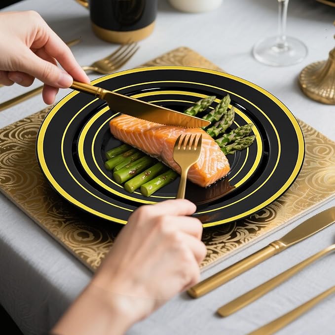 200 PCS Black and Gold Plastic Plates, Party Black Disposable Plates Include 100 10 inch Dinner Plate and 100 7 inch Dessert Plate,black gold rim plates Perfect for Party & Wedding