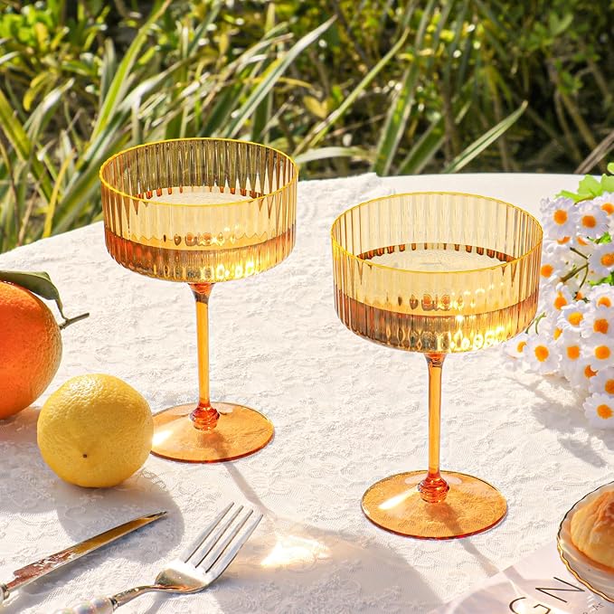 12 PCS Ribbed Coupe Glasses Amber Plastic Champagne Coupe Cup 10oz Detachable Gold Rim Espresso Martini Glass Vintage Margarita Glassware Cocktail Glass Disposable for Thanksgiving Wedding