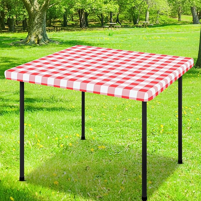 Smiry Square Picnic Table Cloth, Elastic Waterproof Fitted Vinyl Tablecloths, Flannel Backed Buffalo Plaid Table Covers for Dining, Camping, Outdoor (White and Red, 24" x 24")