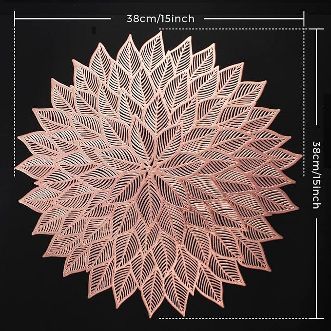 Placemats Set of 4, Round Hollow Out Flowers Place Mats for Dining Table Pressed Vinyl Blooming Leaf Table Mats for Holiday Party Wedding Accent Centerpiece Dinner Table Decoration (Rose Gold)