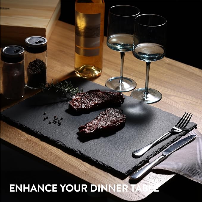 Navaris Slate Plates - Food Contact Safe Black Stone Plates - Charcuterie Boards Serving Plate - Stone Slate Slab Platter Cheese Board - Set of 4-15 x 11 (38 x 28 cm)