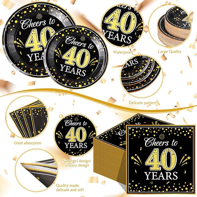 Pickmesh 250 Pcs 40th Birthday Disposable Tableware Set Black and Gold Cheers to 40 Years Disposable Paper Plates Napkins and Cups for 40th Birthday Wedding Anniversary Party Supplies Decorations