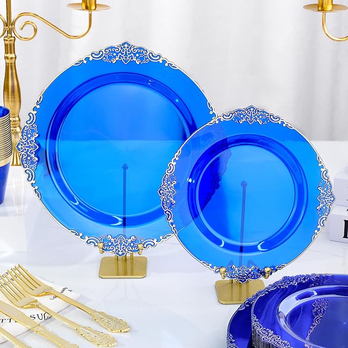 350 PCS Blue and Gold Plastic Plates, Disposable Dinnerware Set for 50 Guests, 100 Disposable Plates, 150 Silverwares, 50 Cups, 50 Napkins for Wedding, Party, Graduation
